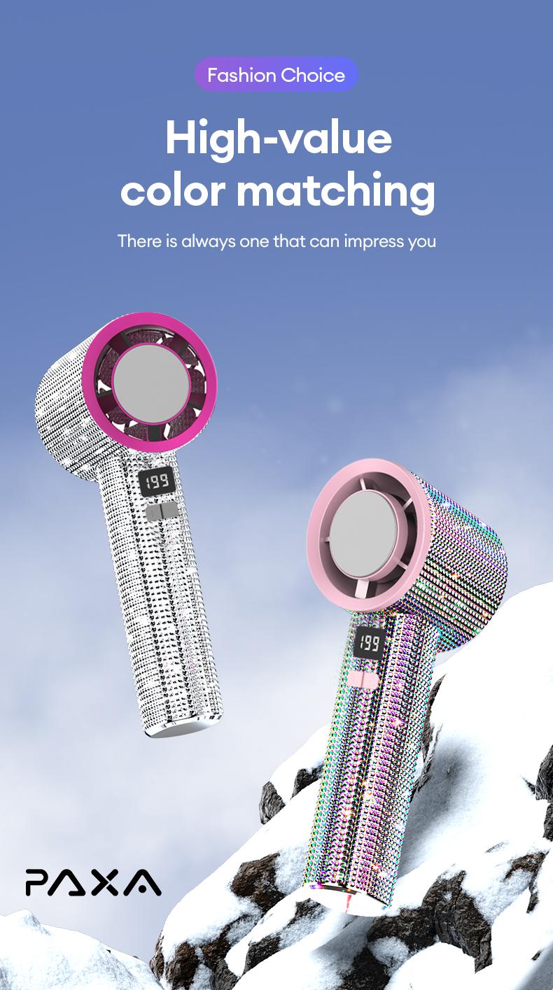 PAXA M15 Full Diamond Luxury Craftsmanship Portable Handheld Turbo Fan, 3 Gear Wind, Rechargeable Long Battery Life Hand Fan With Digital Display For Outdoor Activities, Travel, Office, Wonmen's gift