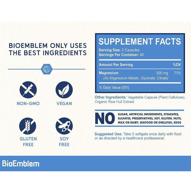 【BioEmblem】Triple Magnesium Complex, 300mg of Magnesium Glycinate, Malate, & Citrate for Sleep, Muscles, Nerves Dietary Healthcare Fitness Vitamin 【BioEmblem】Triple Magnesium Complex, 300mg of Magnesium Glycinate, Malate, & Citrate for Sleep, Muscles, Nerves Dietary Healthcare Fitness Vitamin