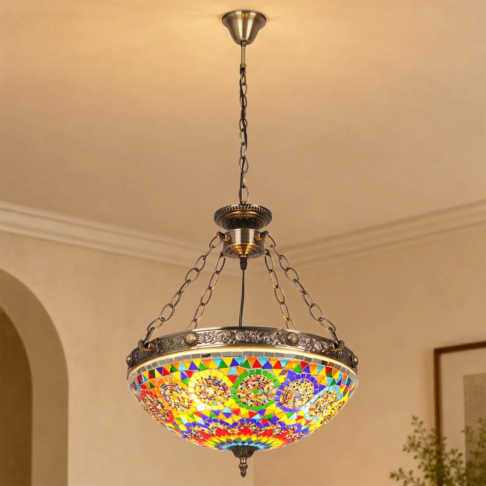 Vintage Handcrafted Round Bowl Mosaic Glass Iron Pendant Light with Colorful Shade, Adjustable Hanging Chain for Indoor Use, Living Room, Bedroom