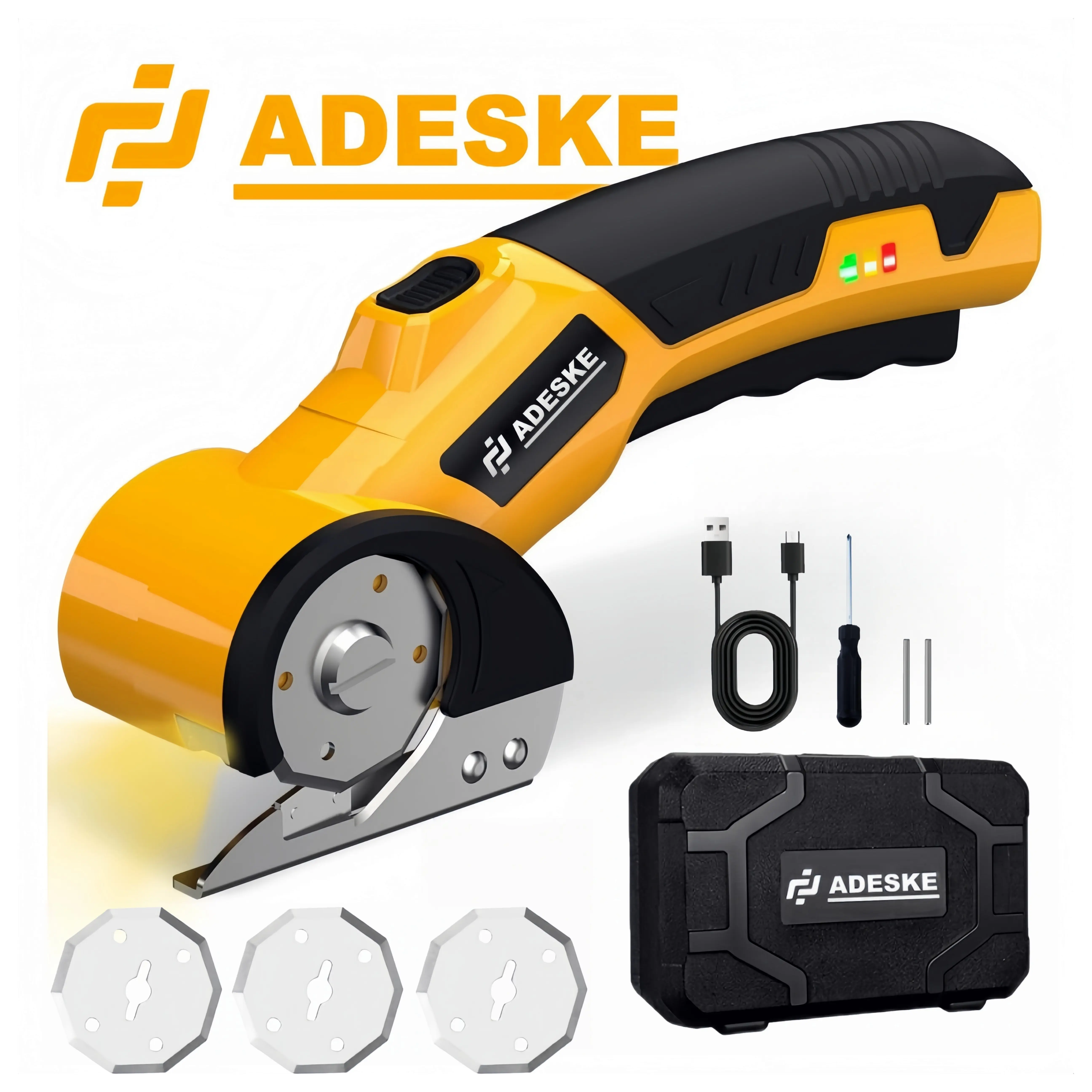 ADESKE Cordless Electric Scissors, a rechargeable cutting tool suitable for cutting cardboard, carpets, leather, and plastic.  Includes a beautiful storage case.