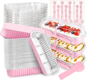 50 PACK Mini Cake Pans with Lids and Spoons,Rectangular Aluminum Foil Bread Pan,Mini Loaf Pans and Food Containers with Lids(Pink,6.8Oz) NPLUX