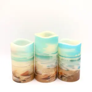 Beach Themed Handcrafted Flameless Wax Candle Set with Remote Switch for Home and Spa Ambiance