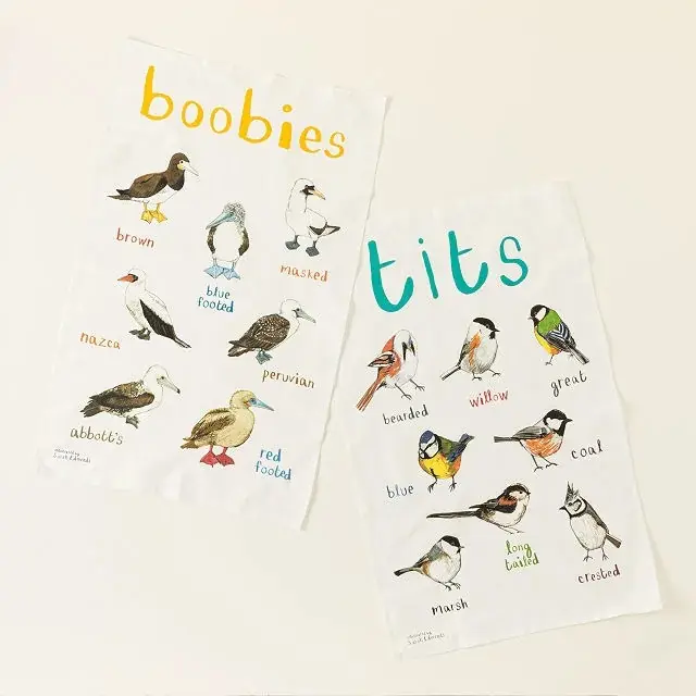 Uncommon Goods Fowl Language Kitchen Tea Towel - Cotton, Print Design Featuring Tits & Boobies