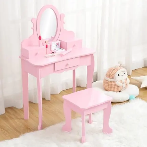 Pink Kids Vanity Desk Set - Girls' Wooden Dress-Up Indoor Furniture Set with Adjustable Mirror, Makeup Table, and Stool, Ideal for 4-9 Years Old
