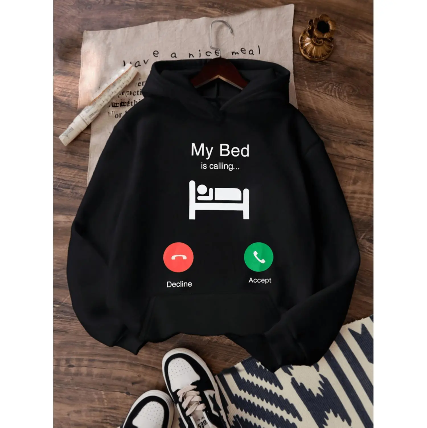Women's Casual Polyester Long Sleeve Graphic Hoodie - Sports Top Sweatshirt with Playful "My Bed Is Calling" Graphic, Cozy Kangaroo Pocket, Drawstring Hood, Multi-Size XXL for Fall-Winter Casual Wear Comfort, Letter Graphic Hoodie