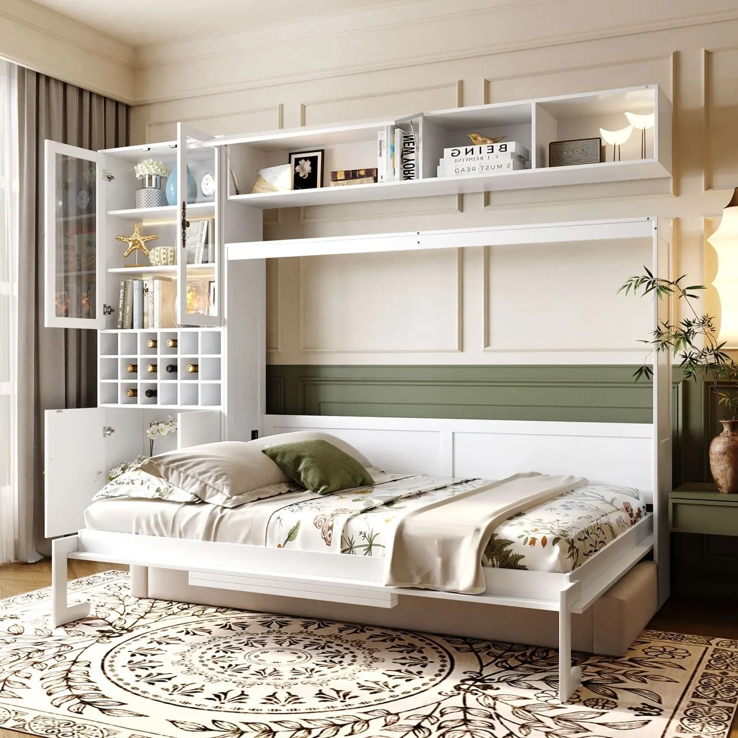 Full Size Murphy Bed Wall Bed with Sofa , Shelves USB & Light ,White