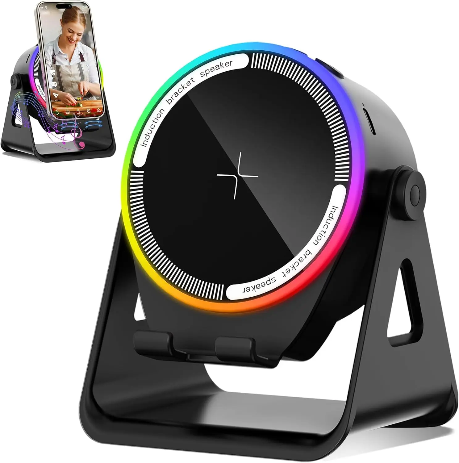 Wireless Induction Speaker, Multifunctional Bluetooth Phone Holder with RGB Light & 360° Rotation, HD Surround Sound, Compatible with iPhone/iPad/Android/Samsung akll ccr