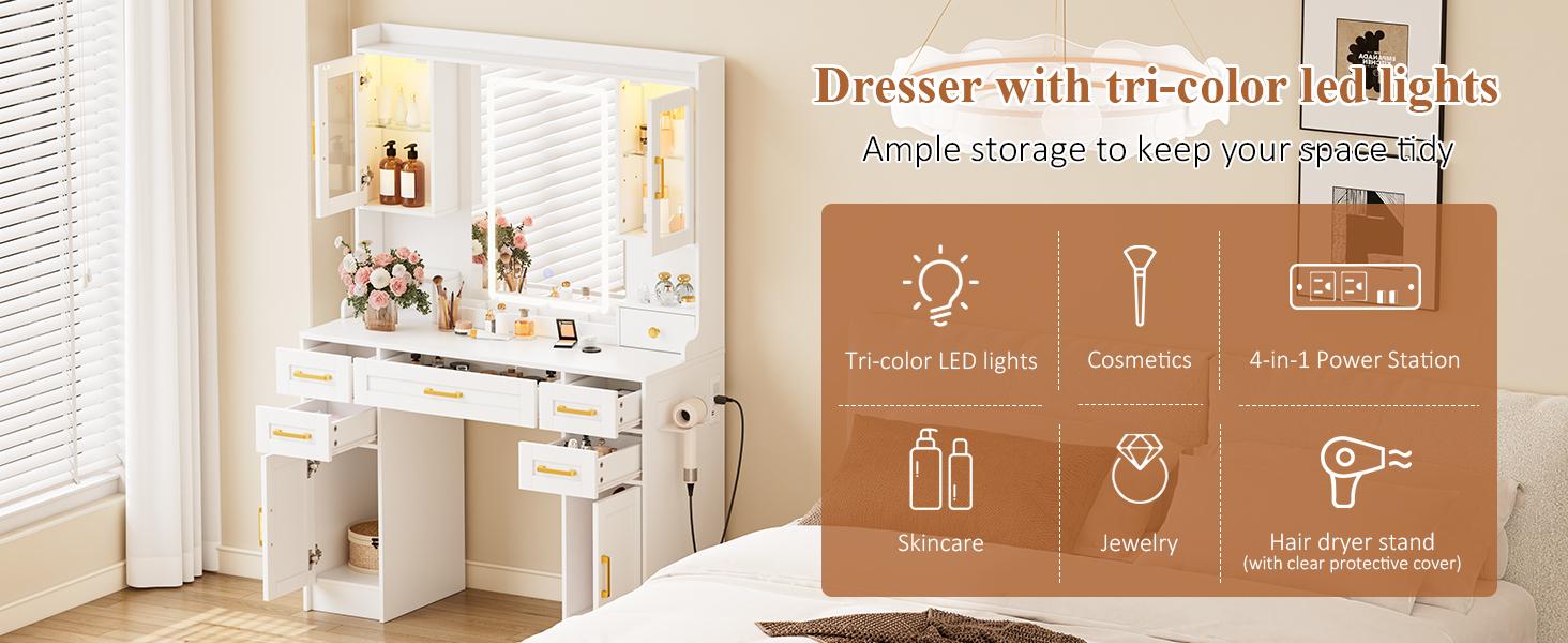 Makeup Vanity with HD Mirror, Dressing Table with Adjustable LED Lighting, Vanity Desk Ample Storage & Built-In Power Outlets – Perfect for Beauty Essentials and Home Use