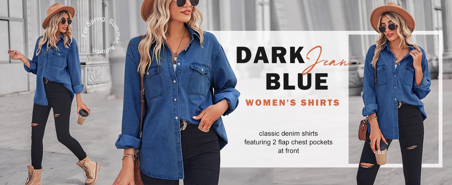 Ebossy Women's Spring Long Sleeve Denim Jean Shirts Button Down Shirt Business Casual Tops Blue Womenswear