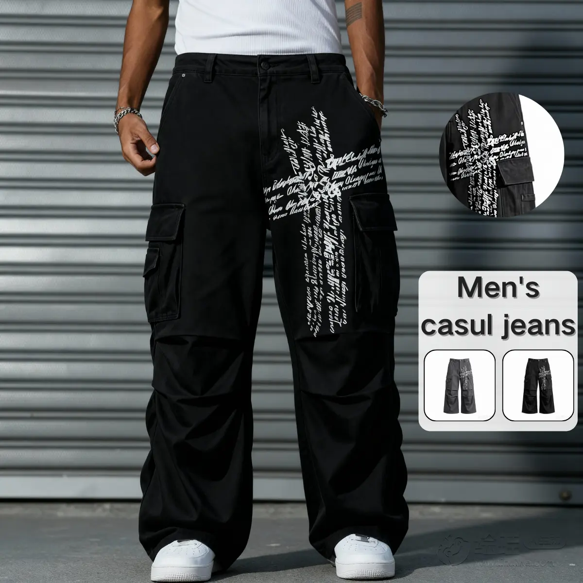 Y2K Gothic Script Print Wide-Leg Cargo Pants
