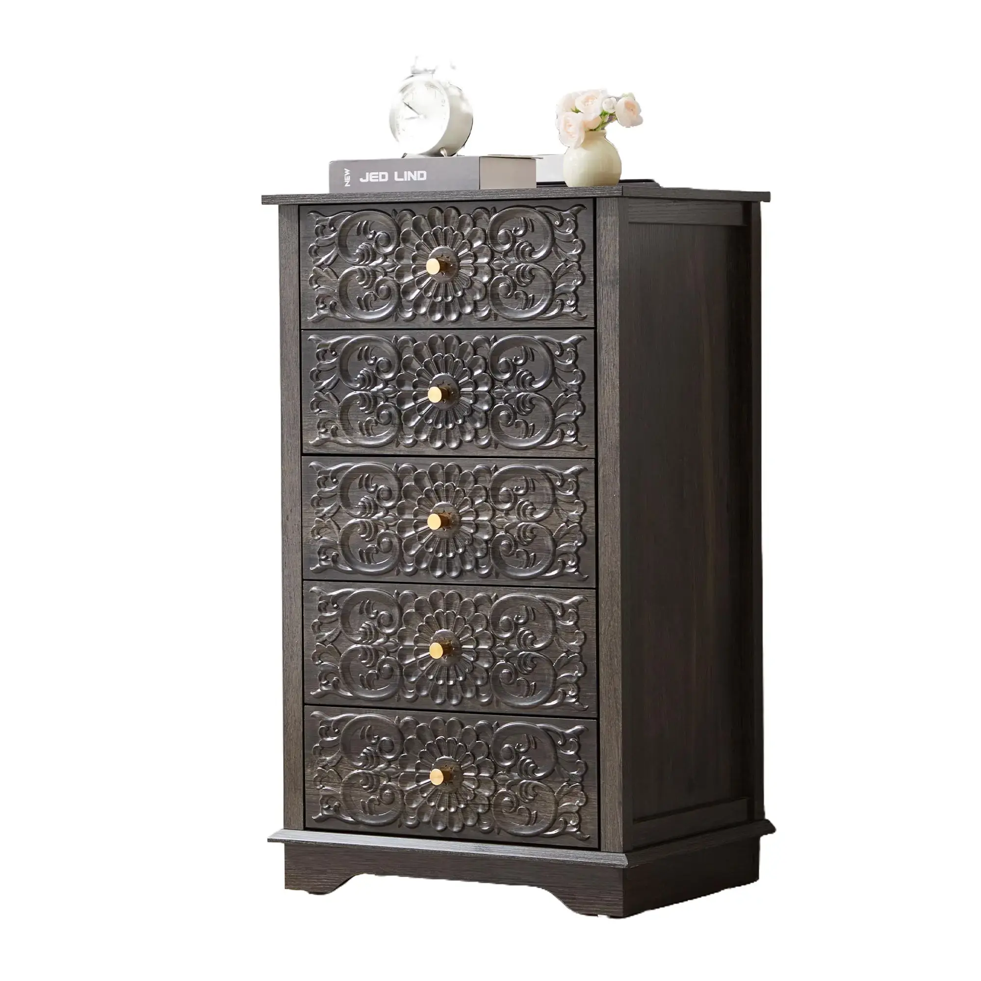 Giratree 5 Drawer Narrow Dresser for Bedroom, Slim Floral Carved Chest of Drawers with Gold Handles, Small Wooden Storage Cabinet for Entryway, Hallway, Apartment