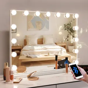 Vanity Mirror with Lights and Bluetooth Speaker 22.8"x 18.1" Makeup Mirror Lighted Hollywood Mirror with 15 Dimmable LED Bulbs USB Charge Port, 3 Color Lighting Modes