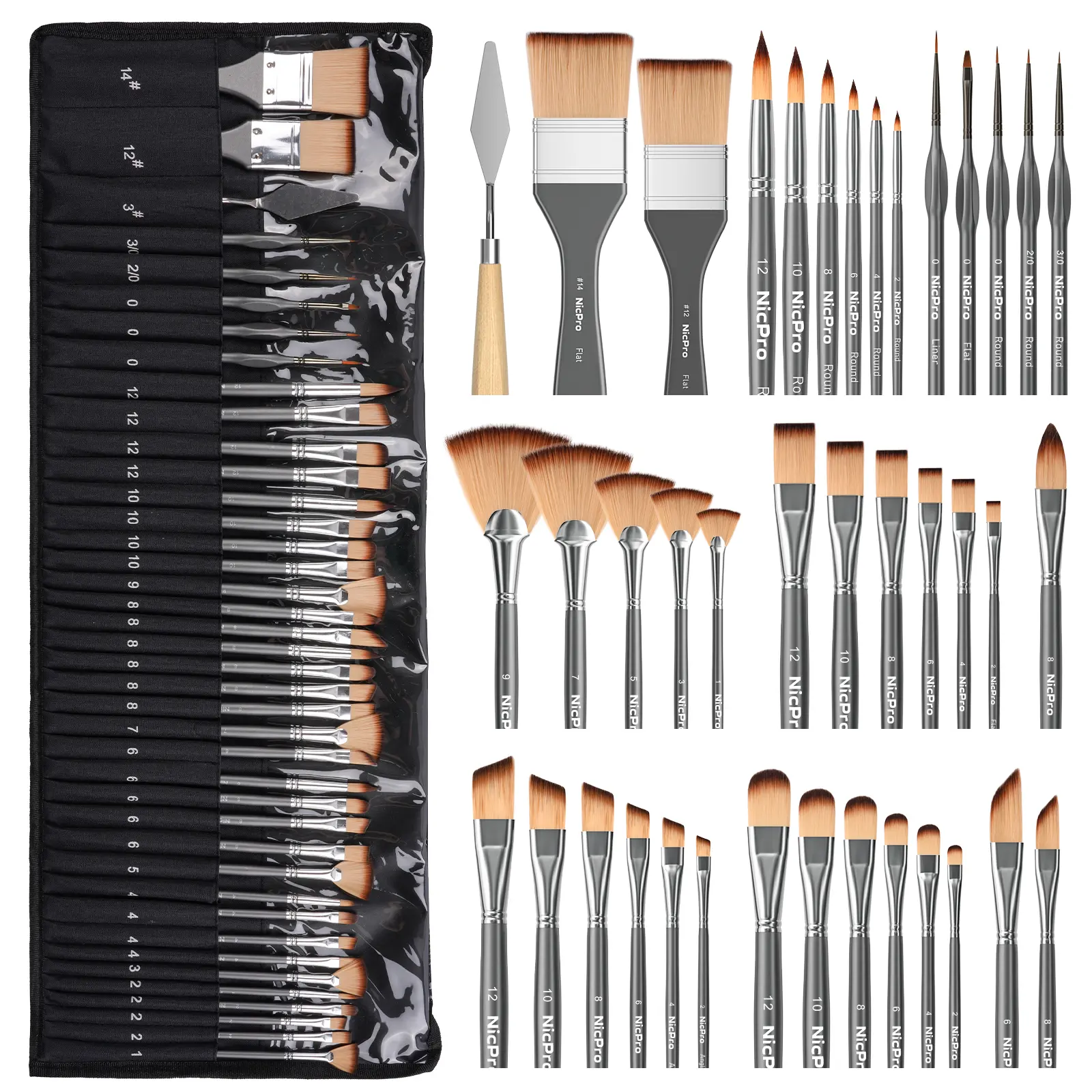 Nicpro 40 PCS Paint Brush Set, Professional Acrylic Paint Brushes, Suitable for Acrylic Painting, Oil, Watercolor, Gouache, Includes Palette Knife & Canvas Roll, Painting Supplies for Artist