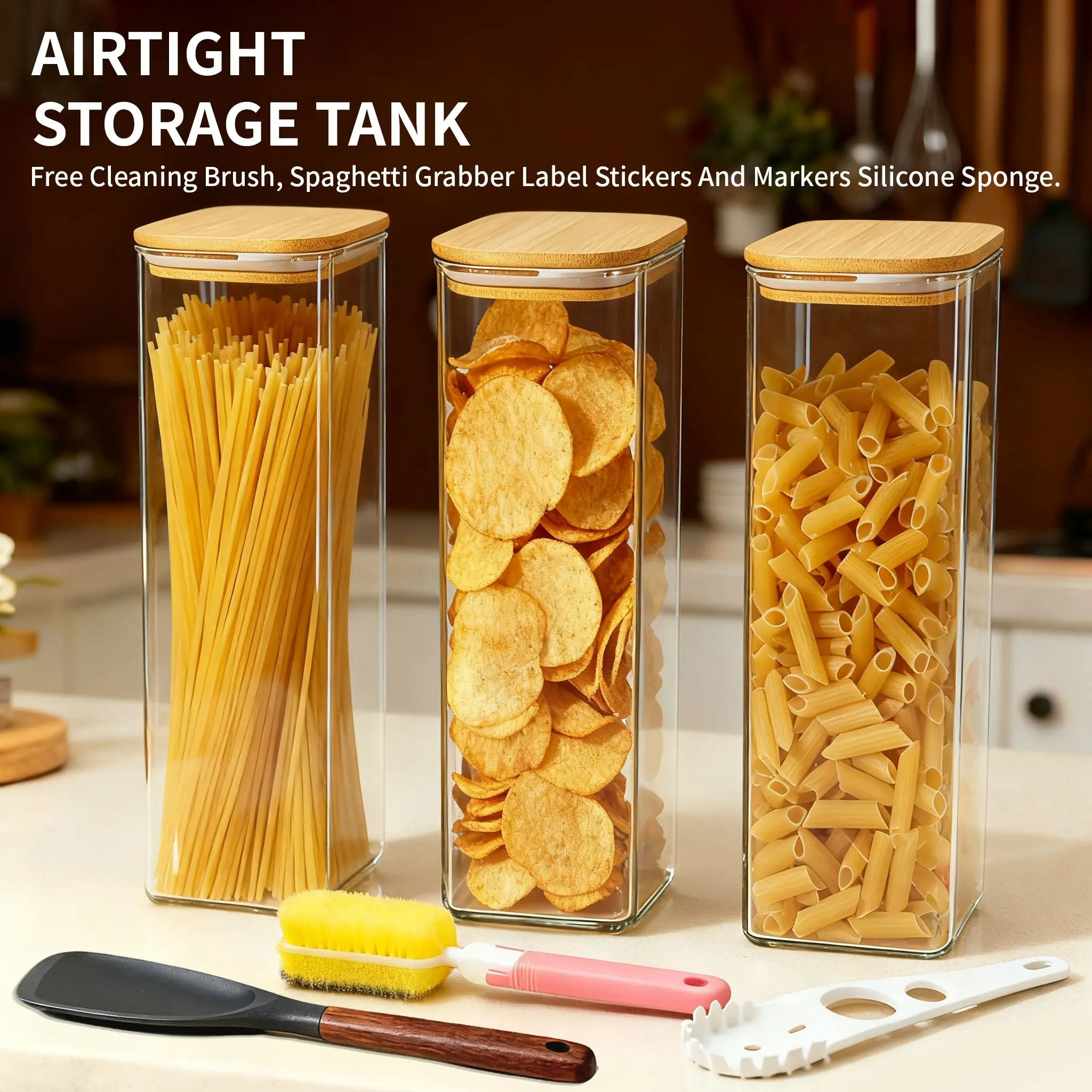 73oz (2250ml) 3-Piece Transparent Cylindrical Glass Canister Set, Sealed Kitchen Food Storage Jars with Lids for Cereal, Pasta, Flour