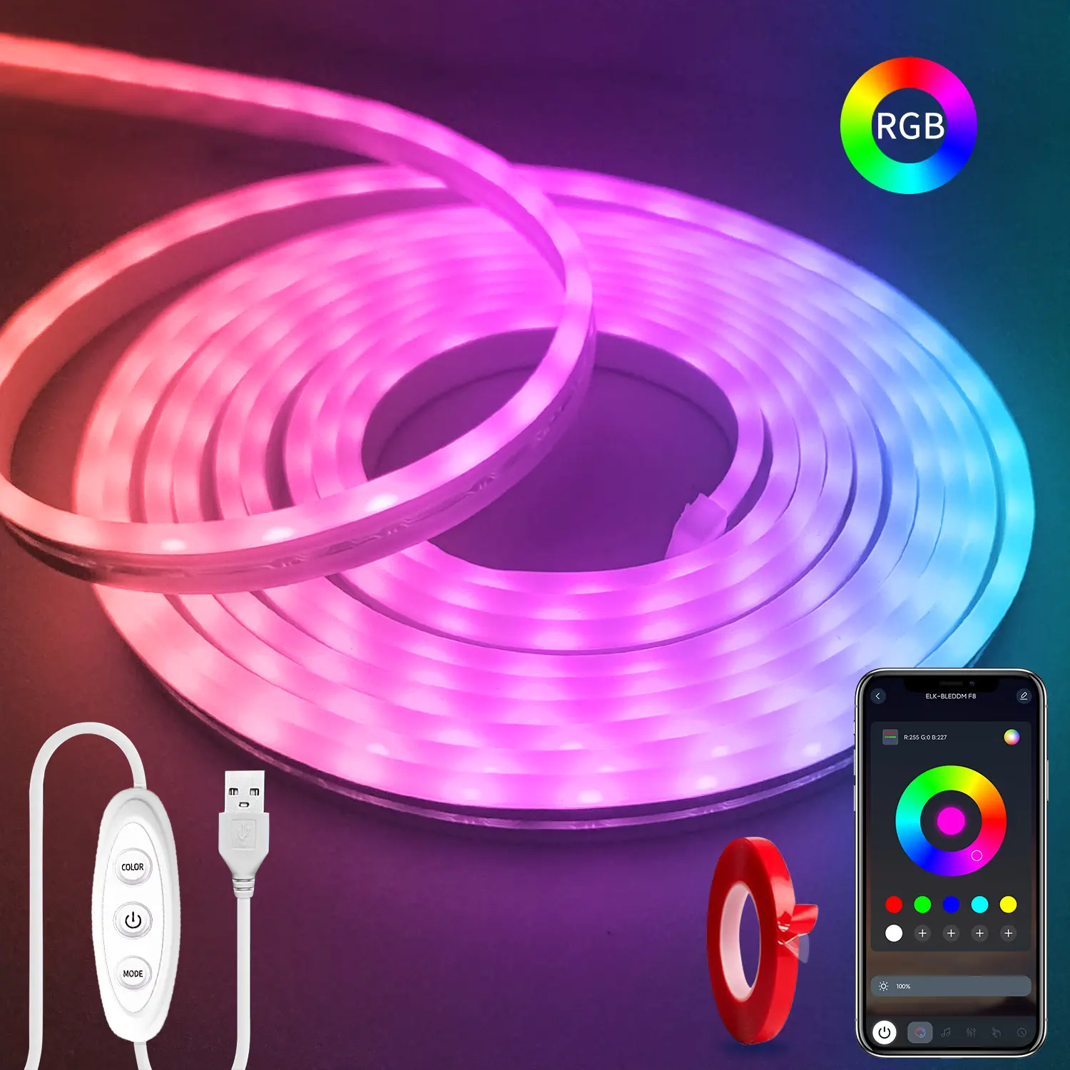 Yocrostar LED Neon Rope Lights - 5V USB Powered, Safe, Music-Sync Glow, APP Controlled, IP65 Waterproof, RGB 1-100% Dimming, 360-Degree Bendable, Modern Home Decor, Great for TV Backlighting & Indoor Decor