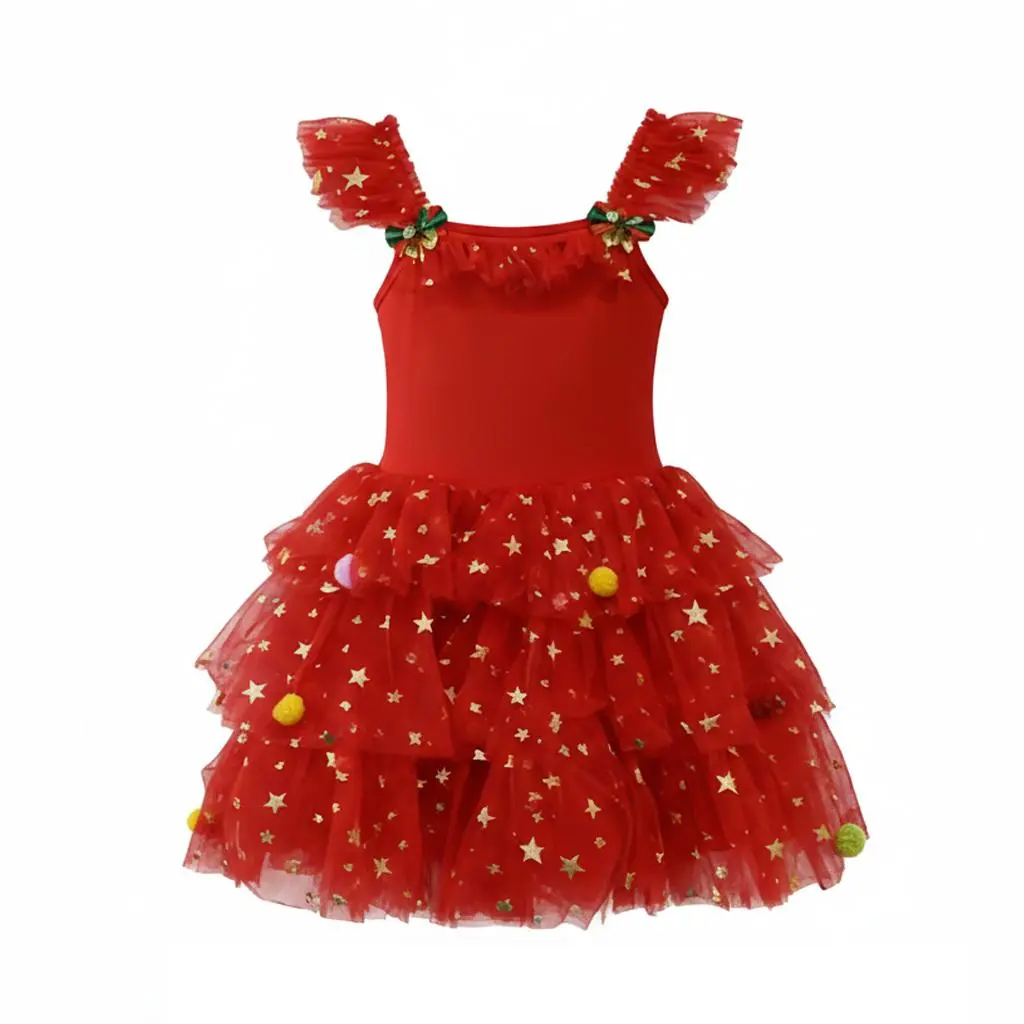 Girls' Festive Tutu Dress - Square Neck, Star Print Tulle Skirt with Pom-Poms & Ruffled Straps, Bow Detail, 2-3t, All Seasons, Casual Holiday Party Fitted Outfit
