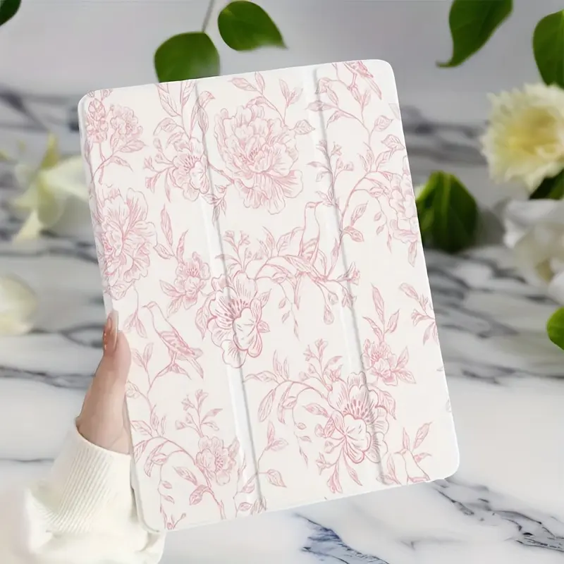 Pink Patterned Tri-Fold iPad Cover Casing - Folding Design, Anti-Slip Surface, Adjustable Support, Flexible Mixed Protection for Unisex iPad 4/5 (10.9in), 7/8/9 (10.2in), 1/2/5/6 (9.7in, 2018), 3 (10.5in), Pro (11in), 10th Gen | Tablet Accessory
