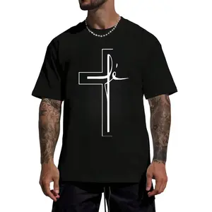 Cotton Short Sleeve  T-Shirt Men'S Summer Casual Sports T-Shirt with Religious Cross Print,  Crew Neck, Short Sleeve, Geometric Pattern,Slight Stretch, Loose Fit, Streetwear  Graphic tees Crewneck Top