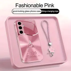 Suitable for [Galaxy S24] high-end women's phone case🤩，a free four-leaf clover lanyard is included, with 26 letters of the alphabet to choose from，auspicious cloud patterns bring you good luck YM99