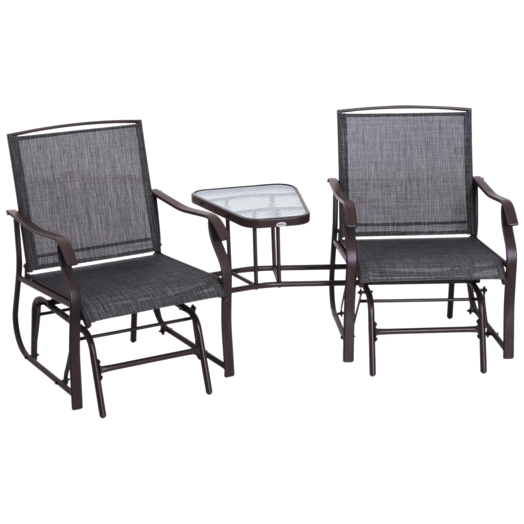 Outsunny 2-Seat Outdoor Glider Loveseat with 33 lbs. Coffee Table - Outside Chairs, Lawn Chairs Outside, Breathable Sling, Outdoor Furniture, 19.75" L x 6.75" W Table, 20.5" W x 20.5" D Seats for Backyard, Porch, 2 Gliding Seats