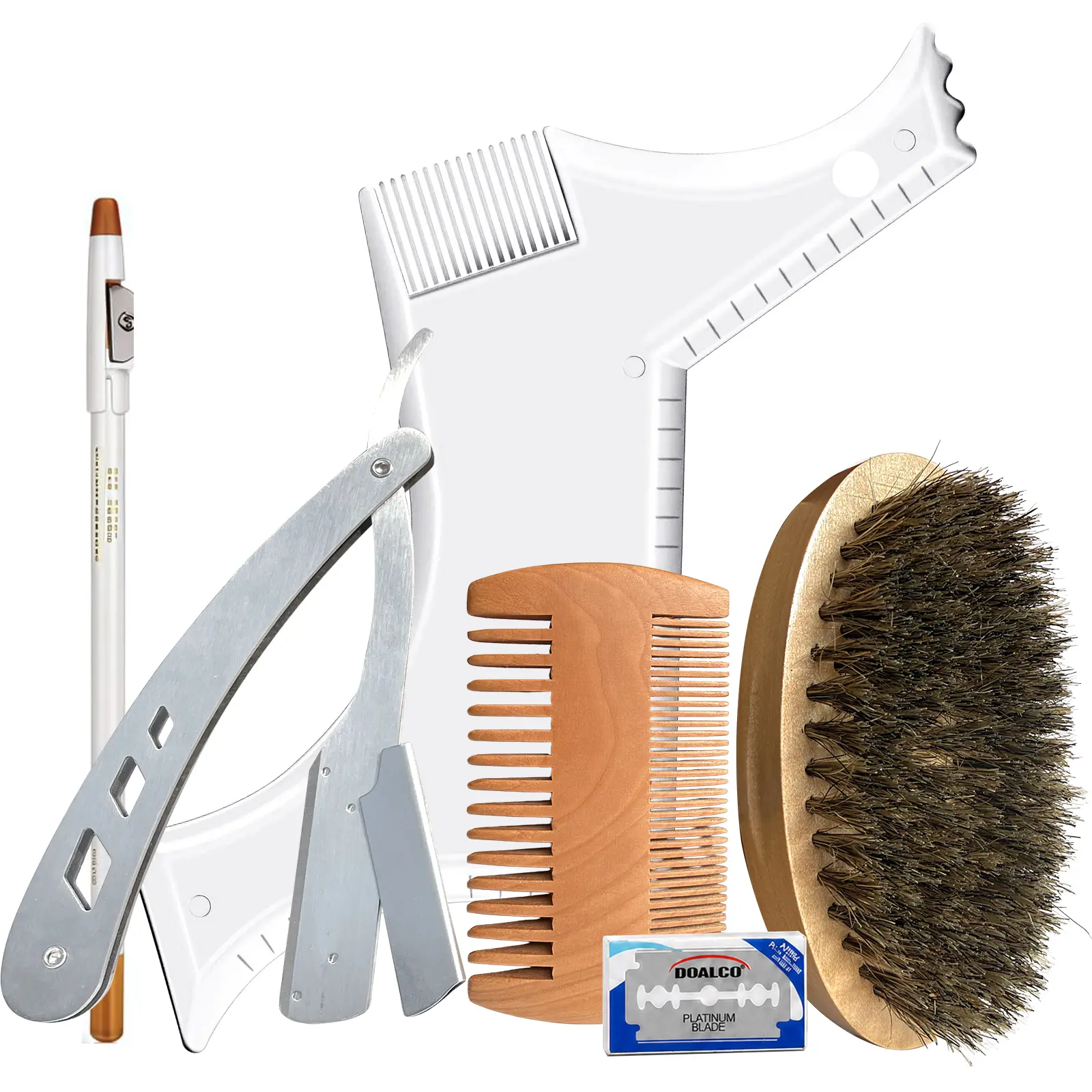 Men's Durable 6-Piece Unscented Beard Grooming Kit - 6-in-1 Shaping Tool Set with Guided Beard Edges, Clean Shave Straight Razor, Boar Bristles Brush, Comb, Barber Pencil for Symmetric Look