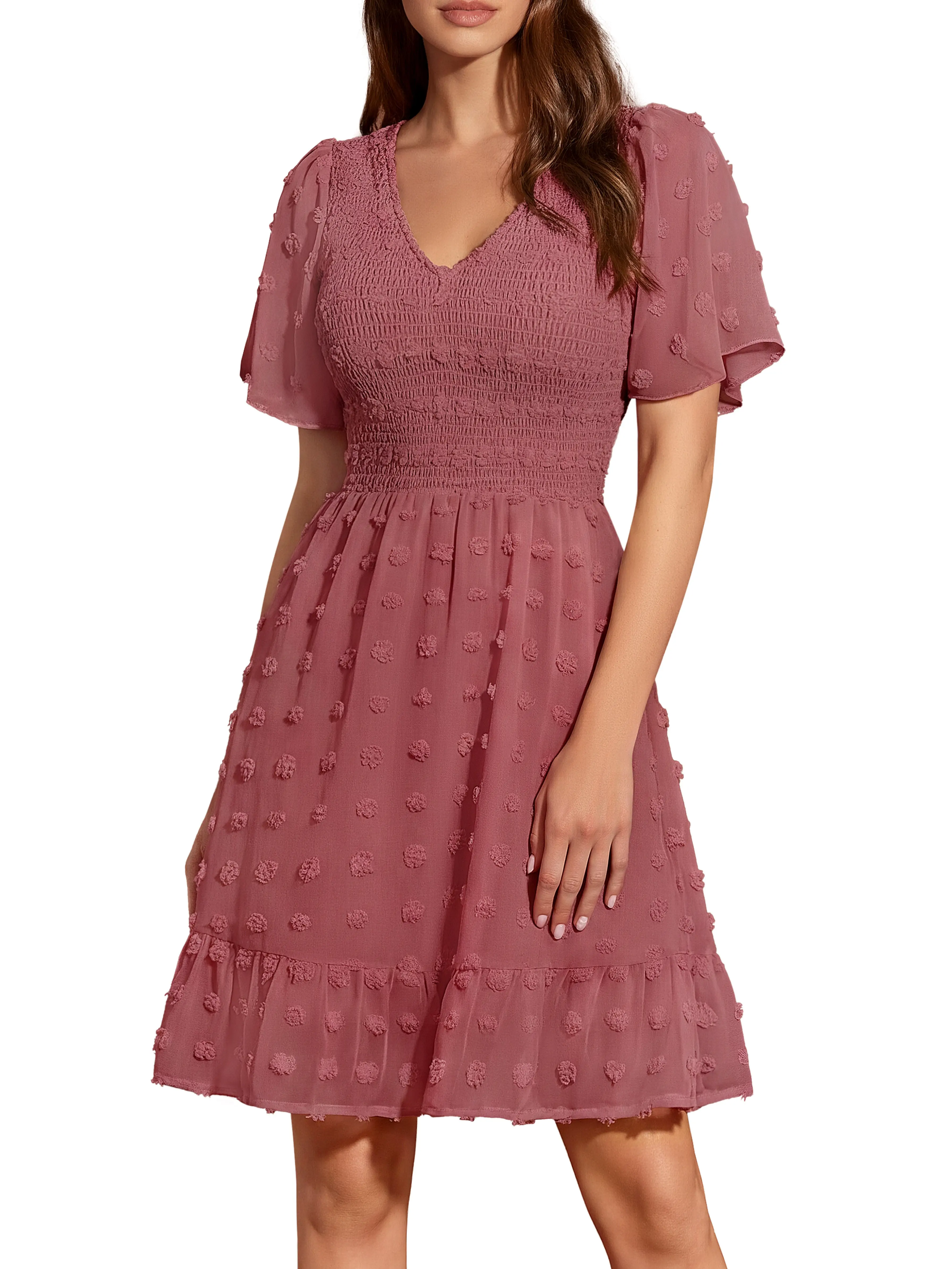 BTFBM Women's V Neck Casual Vacation Dress Short Sleeve Smocked Swiss Dot Ruffle Mini Beach Summer Dress 2026