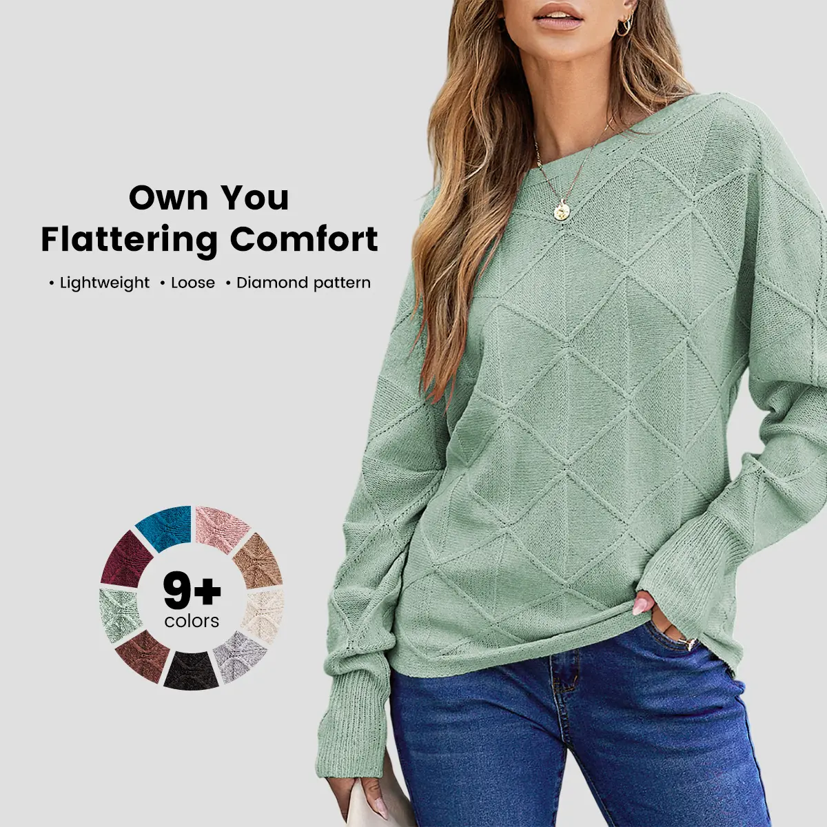 EVALESS Women's Crewneck Long Sleeve Loose Knitted Sweater - Elegant, Bat, Dressy Spring Fall Winter Casual Lightweight Pullover Tops  Deals For You Days summer outfits