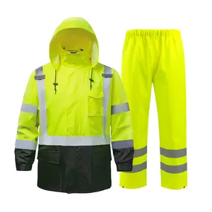 High-Visibility Rain Suit, ANSI Class 3 Waterproof Jacket and Pants Set Men With 6 pockets,FULL Zip Hooded Rain For outdoor Hiking Camping Fishing Boating Condstruction Landscaping Gardening,Essential for the rainy season