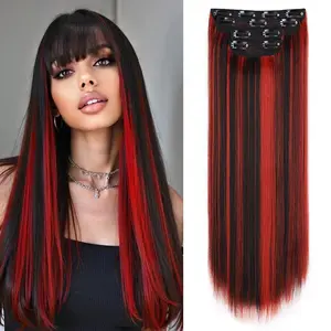 【Red Highlights】Clip in Long Straight/Wavy Synthetic Hair Extension 20Inch Mix Pink Highlights 4PCS Thick Hairpieces Fiber Double Weft Hair for Women Black Red Highlights