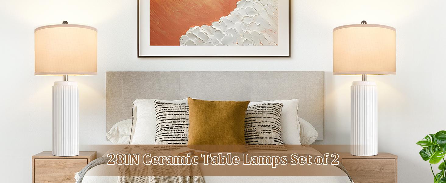 28’’ Modern Ceramic Table Lamps Set of 2 for Living Room, Farmhouse Vintage Bedside Table Lamps with White Linen Shade, Rustic Bedroom Ceramic Lamps for Nightstand Home Office End Table Dorm