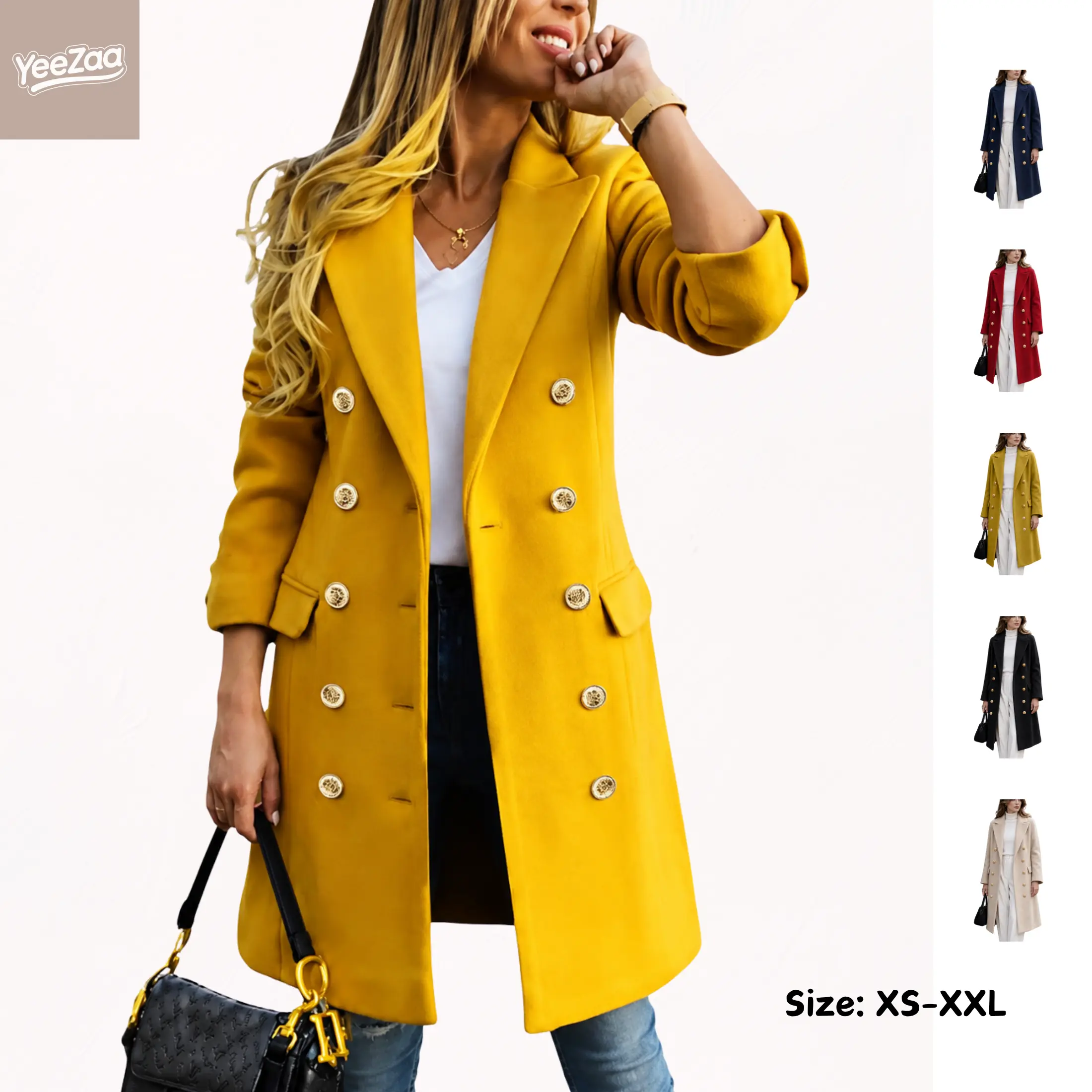 YeeZaa Women's Wool Blended Coat Double Breasted Midi Peacoat Long Trench Coat Casual Lapel Button Down Coat Casual Notch Lapel Outwear 2026 Fall Winter Fashion