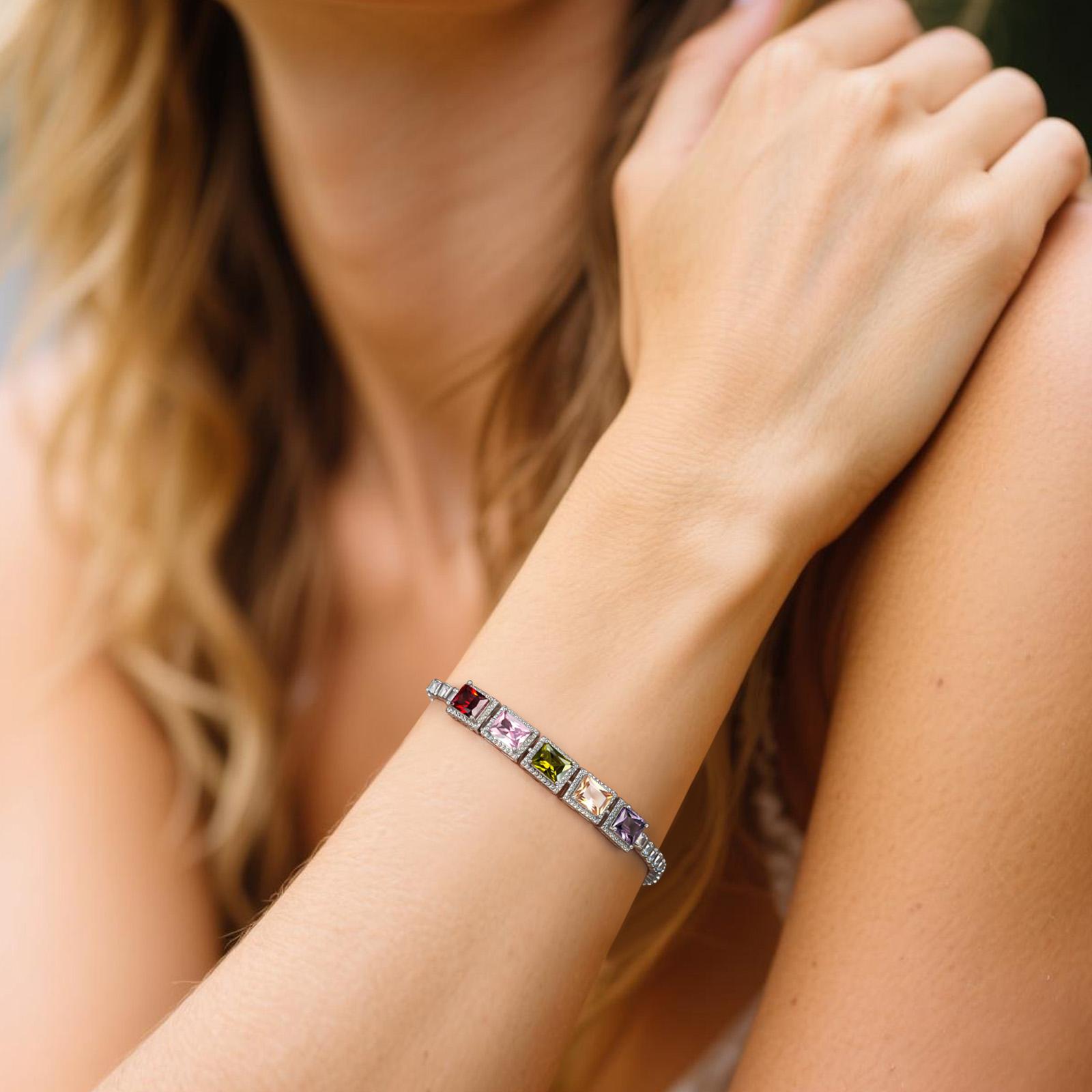 Colorful Cubic Zirconia Tennis Bracelet for Women – Multi-Color 5A CZ Stones, Fold Over Clasp, 7.6'' Elegant Sparkling Jewelry Gift