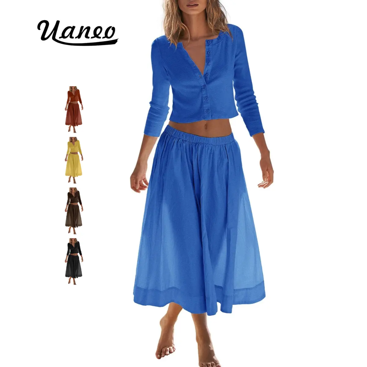UANEO Womens 2 Piece Lounge Sets with Pockets Matching Vacation Outfits Ribbed Button Down Cardigan and Elastic Waist Skirt Sets