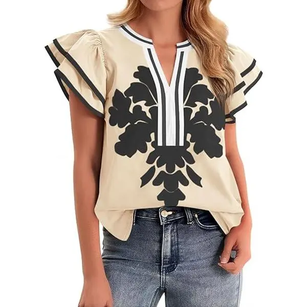 Cicy Bell Womens Ruffle Color Block Blouses Summer Casual V Neck Floral Print Tank Tops Pleated Loose Fit Shirts Vneck Lightweight Womenswear Shortsleeve