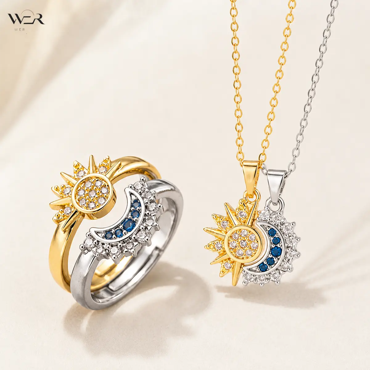 Celestial Aesthetic Sun and Moon Jewelry Set for Women with Rhinestone Pendant Necklace and Ring, Gold and Silver-Tone Gift for Everyday Wear, Women's Matching Sets, Rings For Women
