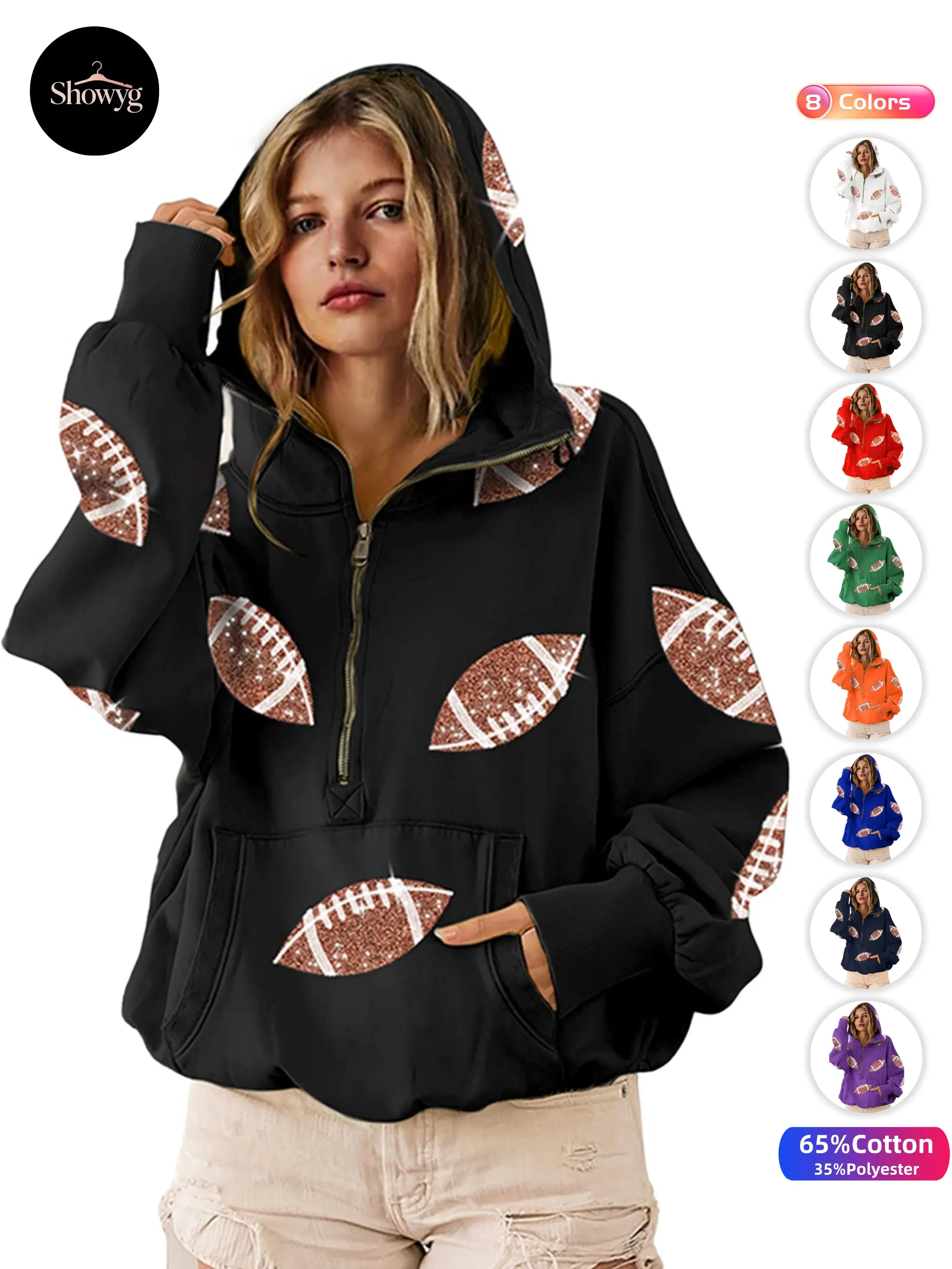 Showyg Women's Sequin Football Zip Hoodie, Cotton Blend Oversize Fit Medium-Length Long-Sleeve Top with Pocket & Sequin Patch, Machine Wash Fall Game Day Outfit