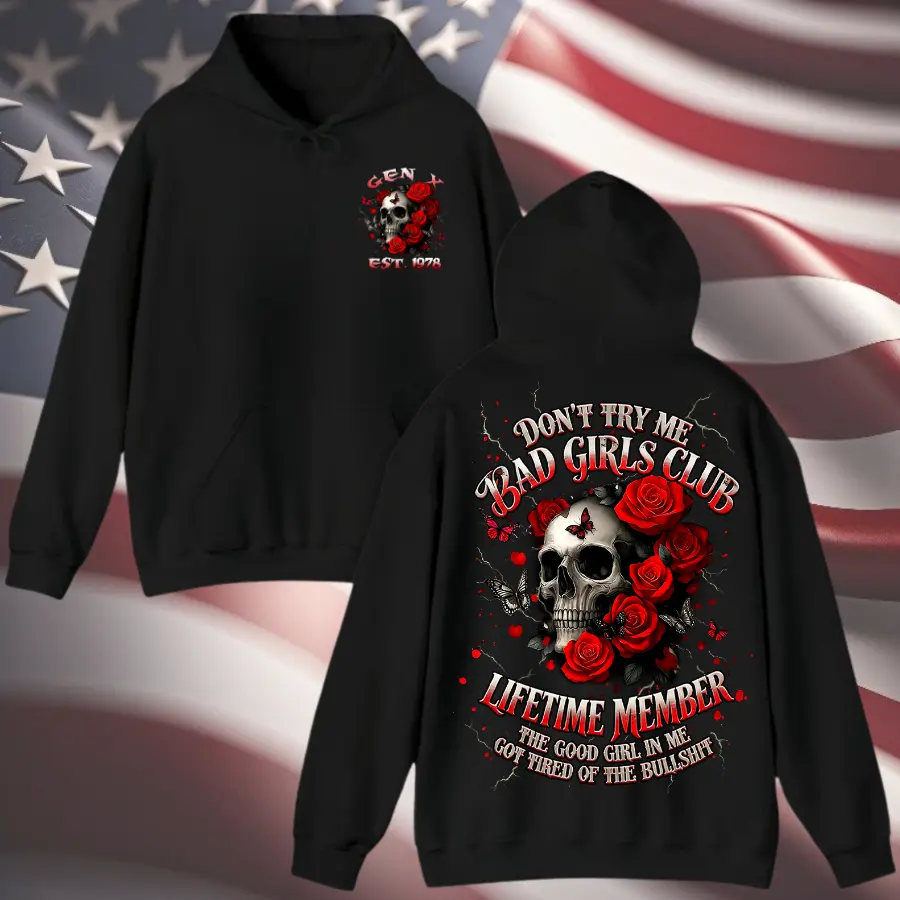 [KingZlia] Bad Girls Club Lifetime Member Hoodie, Custom Year GenX Skull Hoodie, 100% Cotton, Two-Sided Design Menswear Autumn Hoodie Casual Classic Unisex Casual, 100% Cotton, Two-Sided Design Menswear Autumn Hoodie Casual Classic Unisex Casual