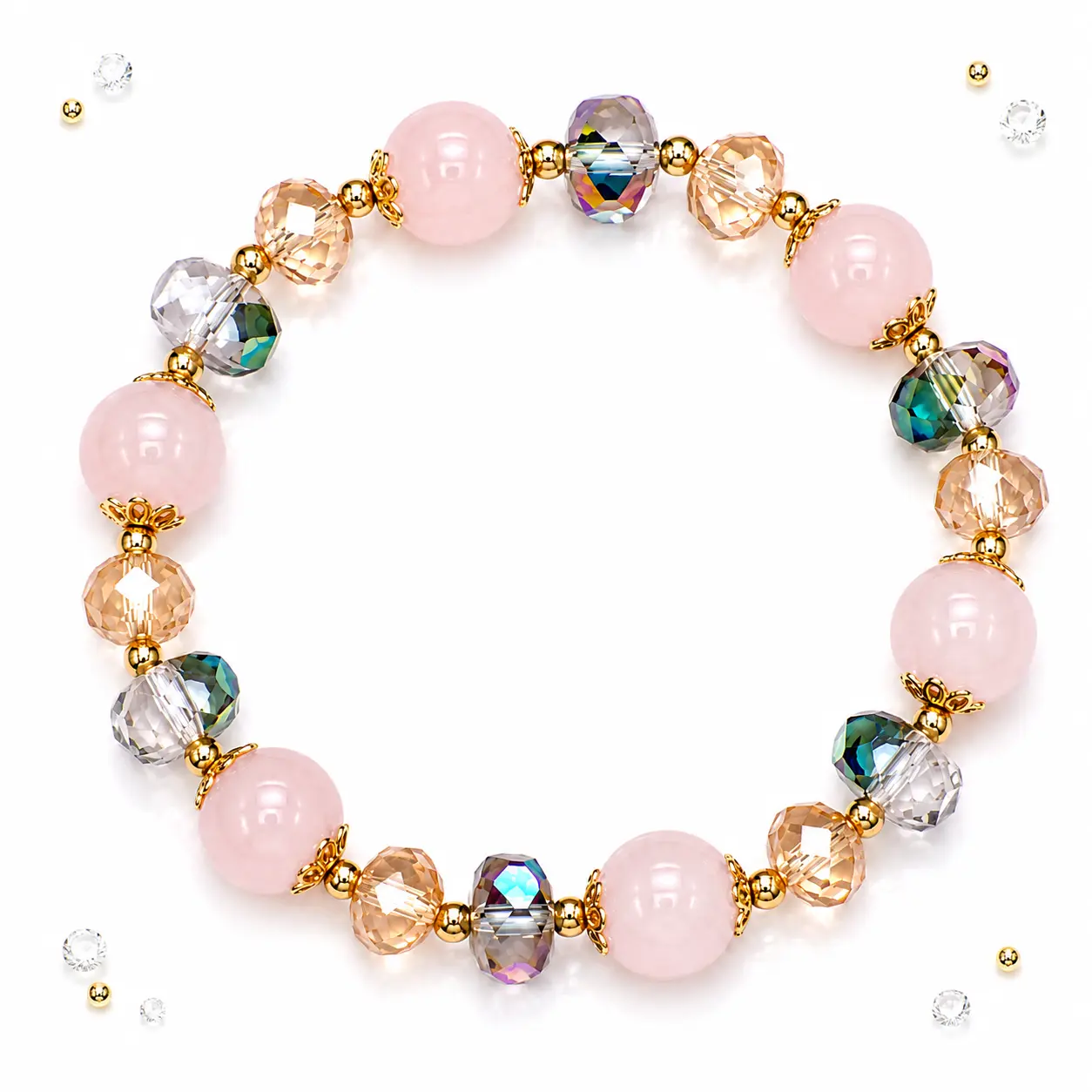 Natural Rose Quartz Bracelet for Women, Pink Crystal Beaded Stretch Bracelet with Iridescent Crystal Beads and Gold Floral Accents, Elegant Gemstone Jewelry Gift for Birthday, Valentine's Day, Mother's Day