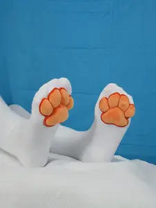 Puffy Plush Paw Socks Orange on White One Size