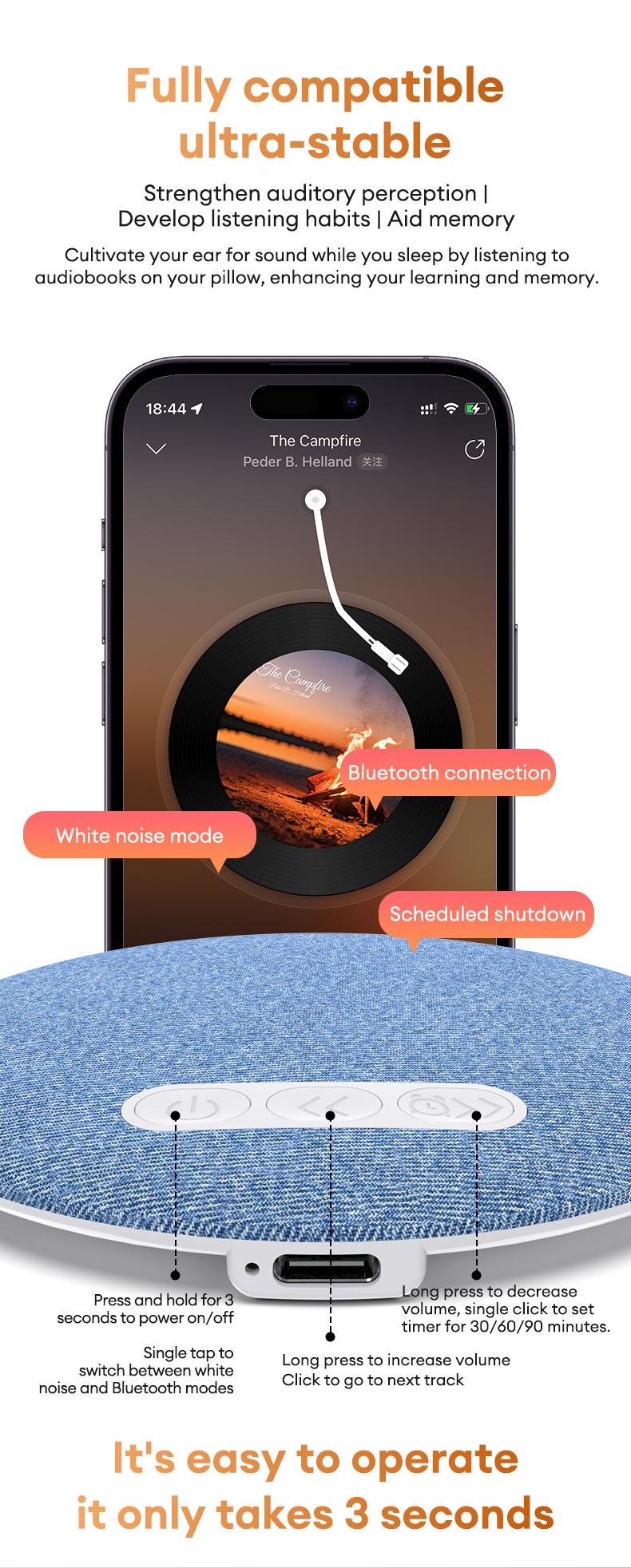 HYUNDAI S1 Ultra-Thin Bluetooth Pillow Speaker with Bluetooth 6.0, 3D White Noise, Soft Immersive Sound Field, Air Conduction Audio Design, Pillow Speaker for Bedtime Music & Audiobooks, Headphone-Free Sleep Sound, Compatible with Android & iOS