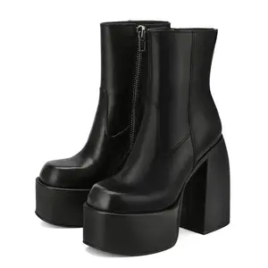 Ankle Boots for Women Chunky High Heel Sqaure Toe Side Zipper Pu Leather Stretch Boots Platform GoGo boots