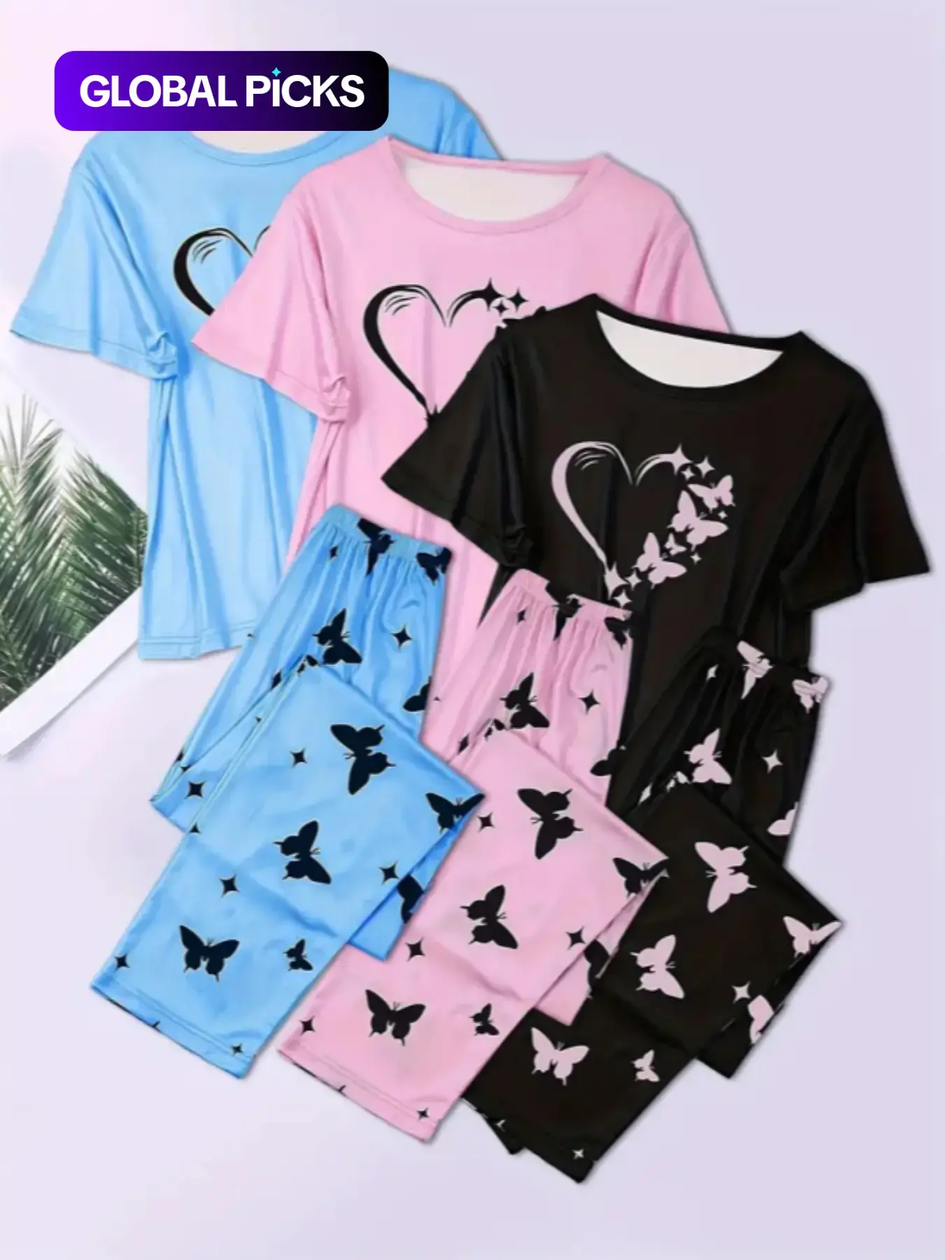 6-Piece Aesthetic Heart Butterfly Print Knitting Pajama Set, Short Sleeve Round Neck Top and Elastic Waist Pants, Women's Sleepwear, Pyjamas, Loungewear and Casual Wear, All Seasons, Fit
