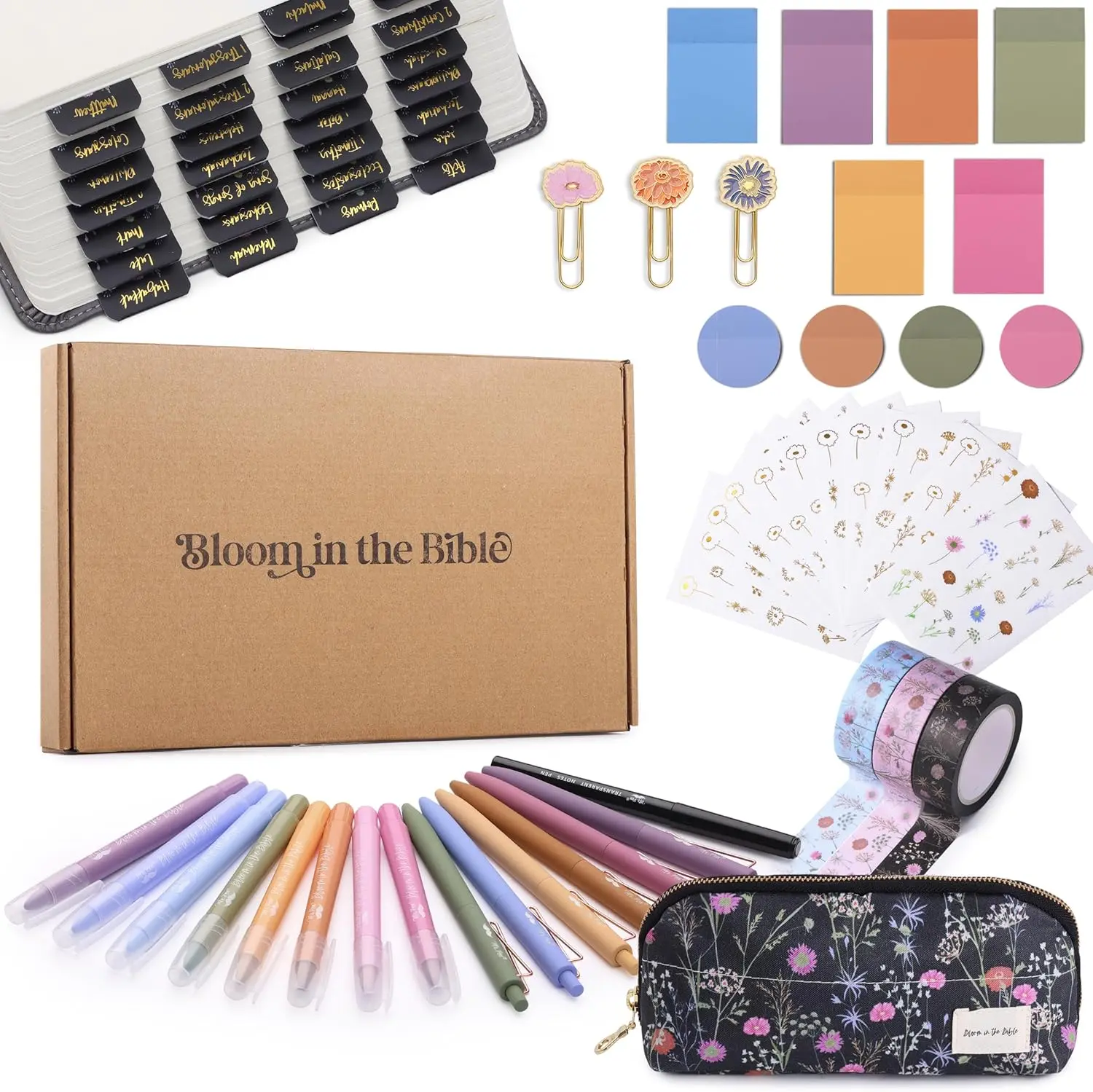 Mr. Pen Bloom Office Stationery Kit - Ruled Margins Bible Journaling Gift Set with Gel Ink Pens, Bible Highlighters, Transparent Sticky Notes, Decorative Tabs Markers & More, Decorative Bible Tabs Markers & Highlighters