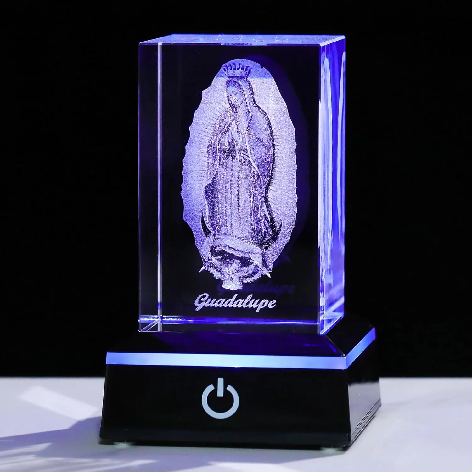 3D Laser Etched Our Lady of Guadalupe Virgin Mary Crystal Statue with Decorative LED Light Backlit Base, Color Changing Battery-Operated Nightlight, Housewarming Religious Gift for Home Decor