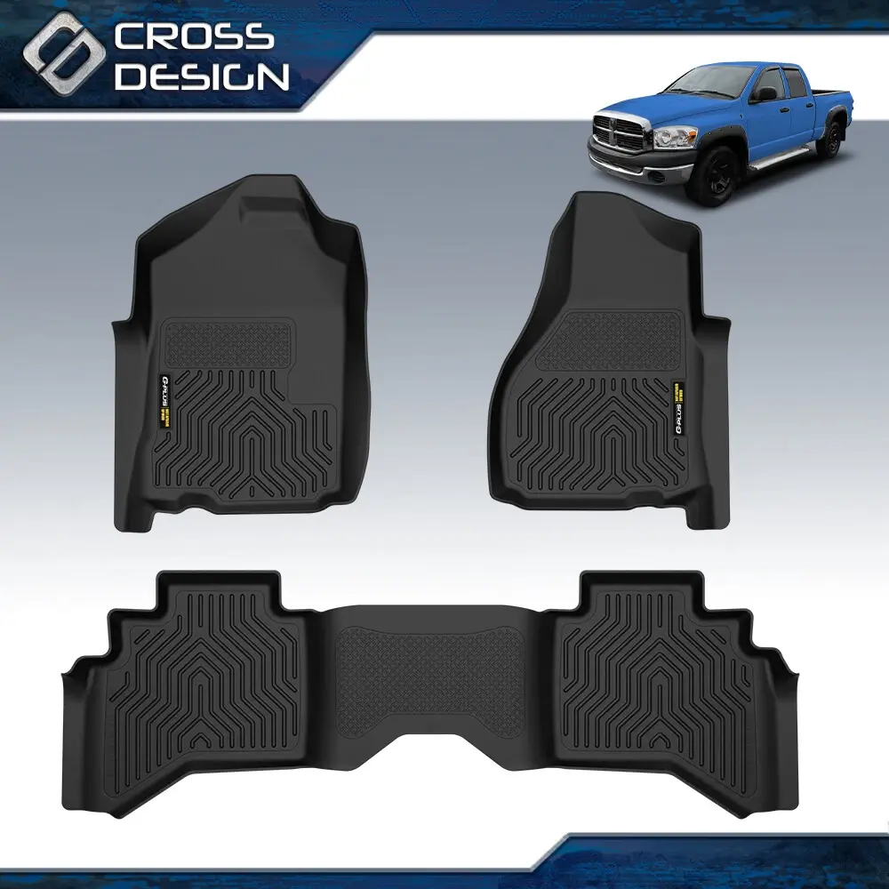 CROSSDESIGN Synthetic TPE Truck Floor Mats for Dodge Ram 1994-2024 1500/2500/3500, 1st-2nd Row 3-Piece Set, All-Weather Rain-Shielding, Wear-Resistant, Waterproof, Anti-Slip, Raised-Edge Hold, Heat-Stable Odor-Free TPE, Shake-Clean Car Interior Accessory,