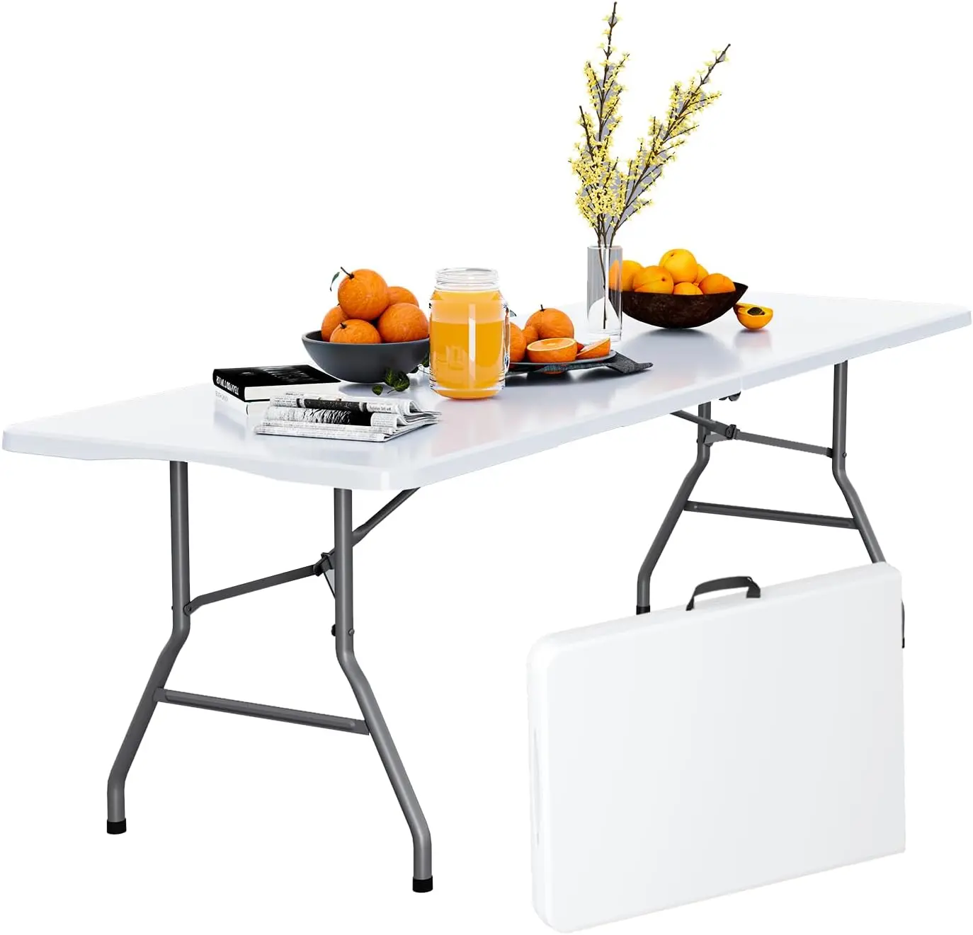 6ft Plastic Folding Table Heavy Duty Stainless Steel Legs Built-in Handles for Outdoor Camping Parties Weddings Picnics Christmas Gift