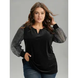 【Summer Turn-Up】BLOOMCHIC Plus Size Velvet Patchwork Mesh Sequin Notched T-shirt [M-6X] 2026 Summer Vibes Swimweek