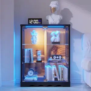 Dystler RGB Display Cabinet with Glass Doors - 39’‘ Tall Curio Cabinet with Lock & Adjustable Shelves, 3-Tier Display Case with Lights, for Collectibles/Lego/Figure/Helmet/Football