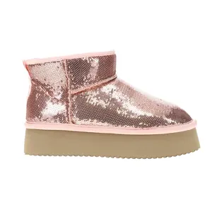 Corkys Womens Room Service Sequin Platform Round Toe Casual Boots Ankle Mid Heel 2-3" - Pink