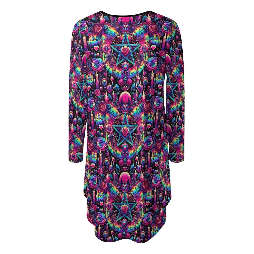 Colorful Gothic Style Witchy Pentagram Grunge Streetwear Casual Long-sleeved dress